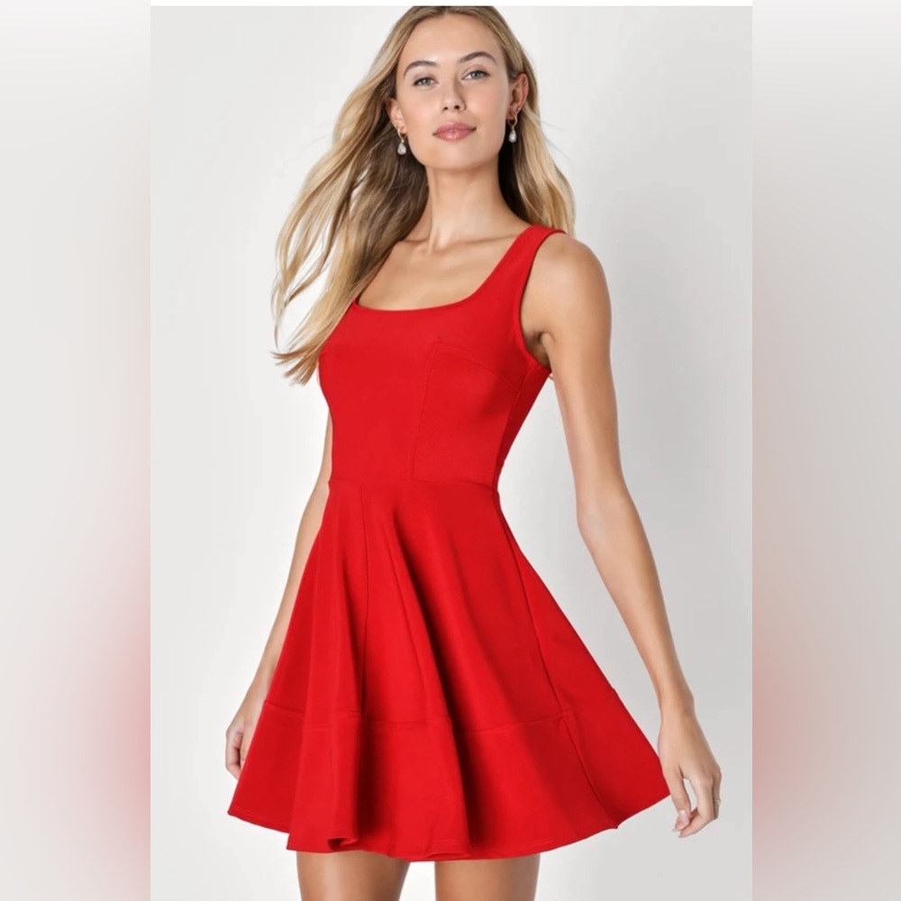 Lulu’s Red Square Neck Sleeveless Skater Dress